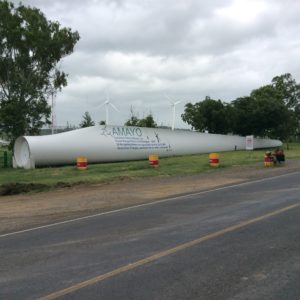 Wind farm along Lake Nicaragua. The enormous prop appears to be made of a composite of some kind.