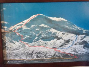 Photo showing routes on Chimborazo. I was on the "red line" to about the last switchback before the long ridge to the summit.