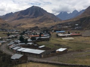 Town of Pachapaqui. The highway climbs to the glaciated valley right of the foreground mountain.